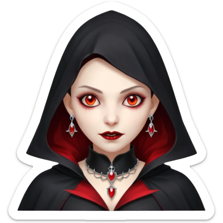 vampire village woman portrait, head and shoulders only, dark gothic cloak collar, sharp fangs, red glowing eyes, elegant yet eerie expression, subtle jewelry, 3D cartoon, mobile game icon style, clean background, no text, no watermark sticker