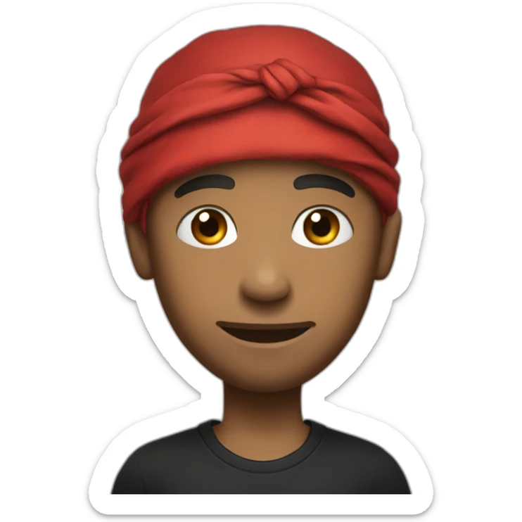 A man with tattoos in a black T-shirt and a red bandana sticker