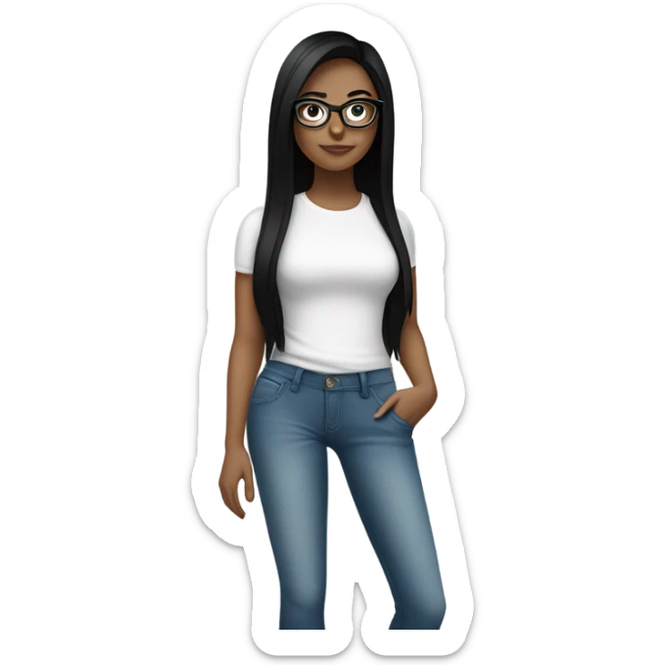 White girl with straight black hair and glasses wearing a white crop top and jeans glasses full body sticker