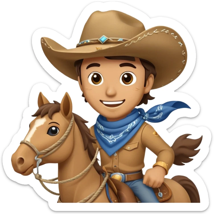 clash-of-clans-aesthetic_-cinematic-playful-cowboy-portrait-emoji, head-tilted with a roguish, cheeky grin and twinkling eyes, featuring a rugged, spirited build with a wide-brimmed cowboy hat and a rugged bandana, tan skin-tone, riding a galloping horse with reins in one hand and a lasso in the other, dust trailing behind. sticker