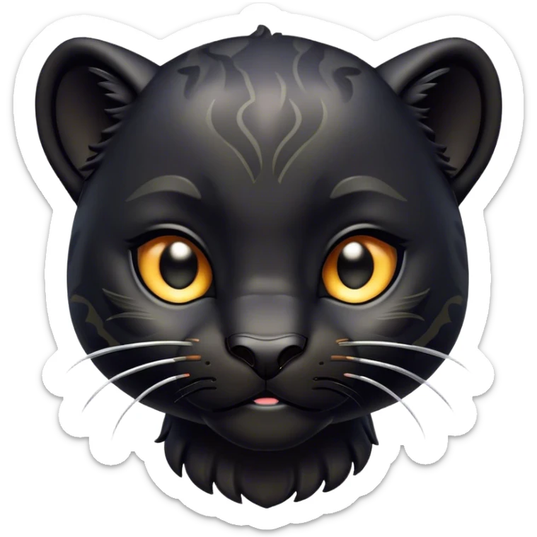 Cinematic Cute black Panther Portrait Emoji, Head tilted playfully and inquisitively, with a smooth, streamlined form accentuated by a subtle sheen and round, sparkling eyes filled with charm, Simplified yet irresistibly adorable features, highly detailed, glowing with a warm, inviting glow, high shine, affectionate and lively, stylized with a touch of whimsical mystery, bright and endearing, soft glowing outline, capturing the essence of a mischievous yet loving black Panther that seems as if it could pounce out of the screen into your arms! sticker