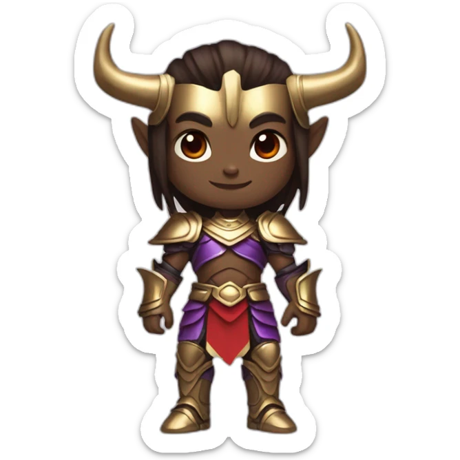 Humanoid with purple skin color, red eyes, pointed ears and Oni horns, has long straight brown hair, and wears royal gold armor sticker