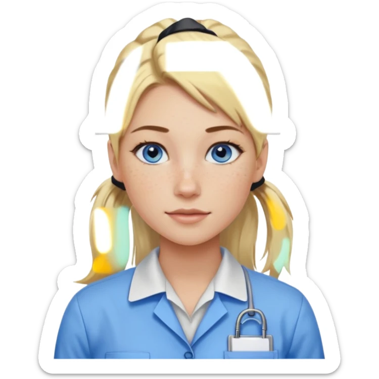 Just a head, blonde hair with lowlights in a ponytail, blue eyes, some freckles, a little older female ready to get some tasks done at work sticker