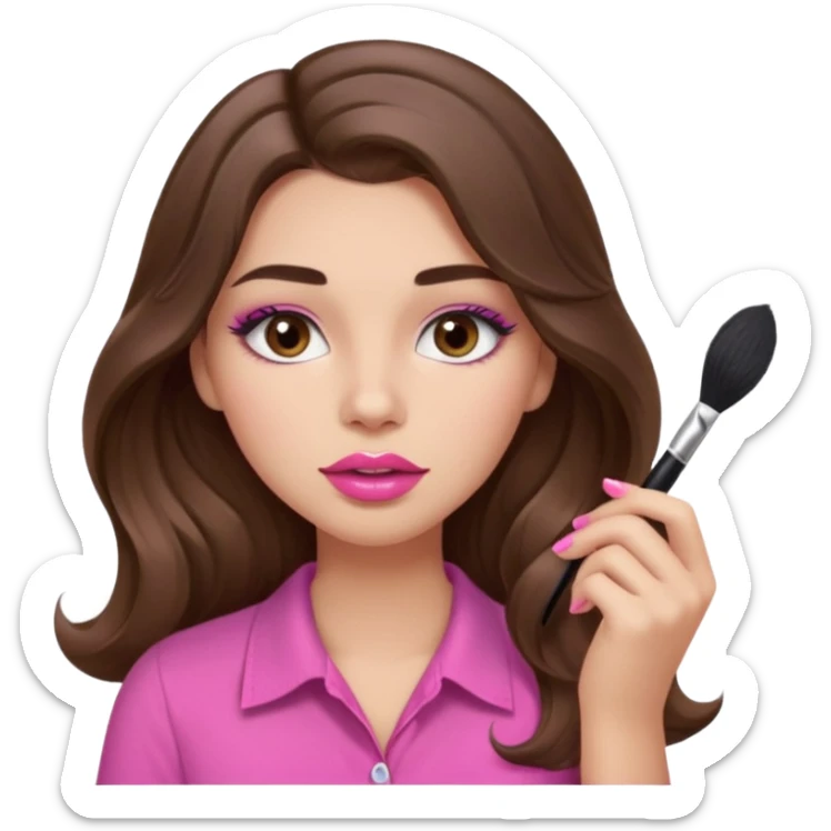 girl with long wavy brown hair, brown eyes, light to medium complexion, in a pink shirt, pink lips, long lashes, puckered lips, putting on makeup with a fluffy brush sticker