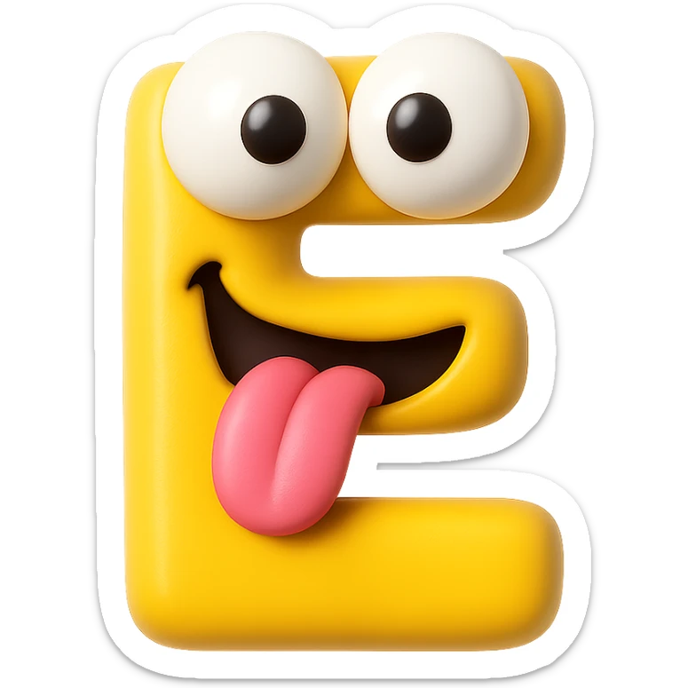 A 3D emoji in iOS emoji aesthetic style of the letter "E" personified with two large bulging, slightly cross-eyed eyes and a playful crazy expression, tongue sticking out, glossy rounded surfaces, vibrant color, clean white background.
 sticker