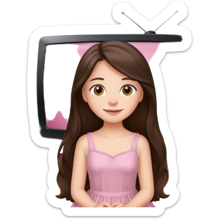 happy long haired brunette girl hazel eyes in light pink watching tv sticker