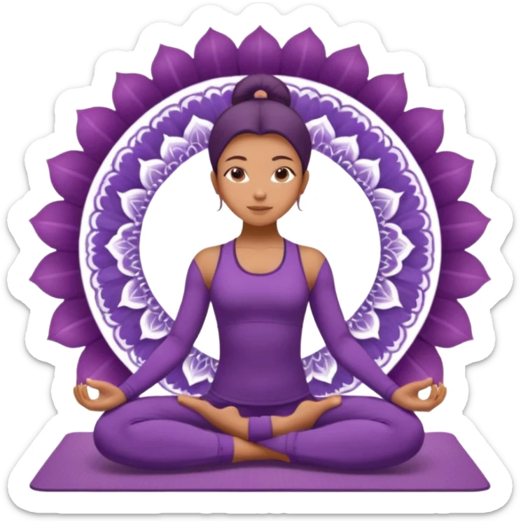 A woman in a purple yoga outfit resting in child’s pose, peaceful feeling, gentle mandala texture in background. sticker