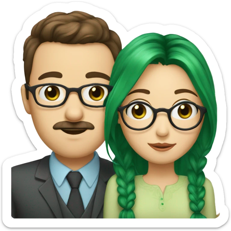 A man with brown hair blue eyes and a mustache is kissing a green haired girl who is thin with green eyes and wearing glasses sticker