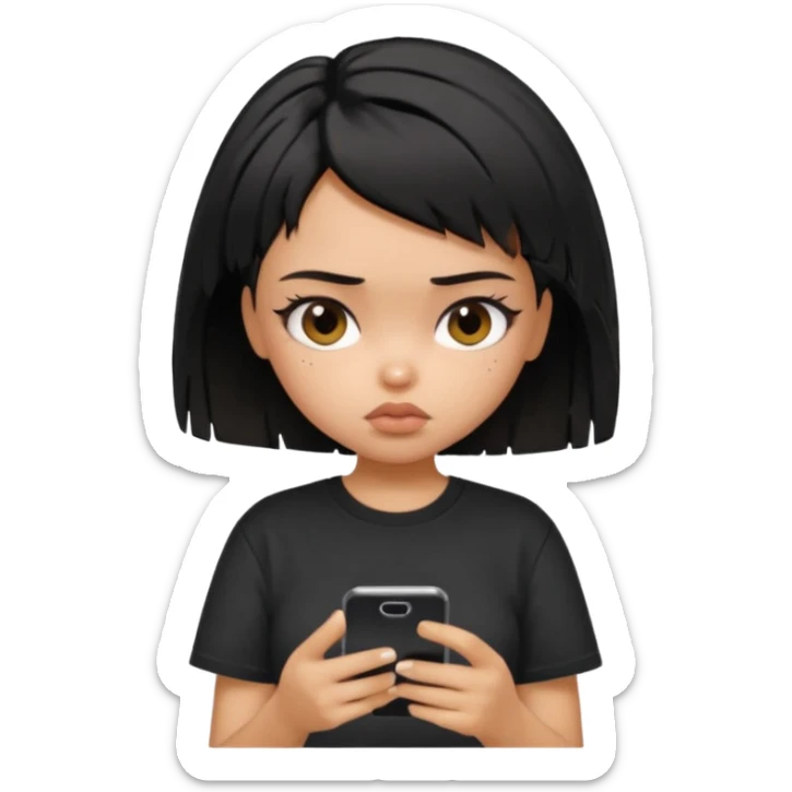generate a pretty bratz girl with short black very messy hair, looking tired and using her phone, wearing an oversized black tshirt sticker