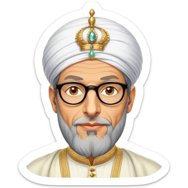 Jeff Goldblum no glasses as a regal portrait dressed as suleiman-the-magnificent,-depicted-as-a-regal-ottoman-sultan-adorned-with-a-large,-white,-round,-tall-turban-and-a-majestic-grey-beard,-his-commanding-gaze-bathed-in-warm,-historic-lighting-that-exudes-time with a large long beard **no glasses** sticker