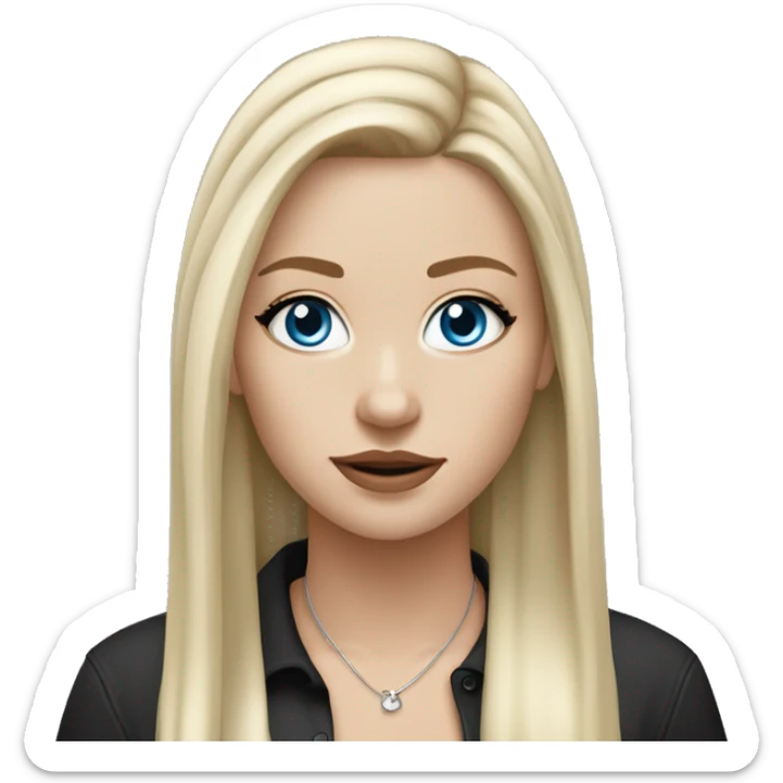 White girl with blonde hair and blue eyes and black long eyelashes with a silver hoop nose piercing and long straight hair with blonde highlights and wearing a black shirt sticker