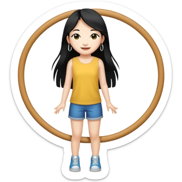 A Asian girl with fare skin and hoop earrings, long straight black hair with black eyes, smiling, full body sticker