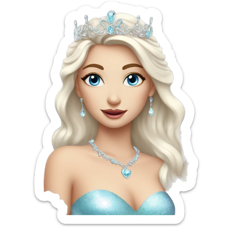 Gorgeous pastel Lady with blue eyes in a sparkly shiny dress with tiara and necklace and flowers behind her and trending  sticker