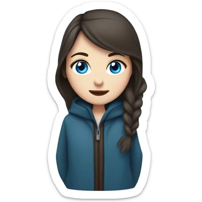 White girl with blue eyes and dark brown hair with coat on and freezing with icicles sticker