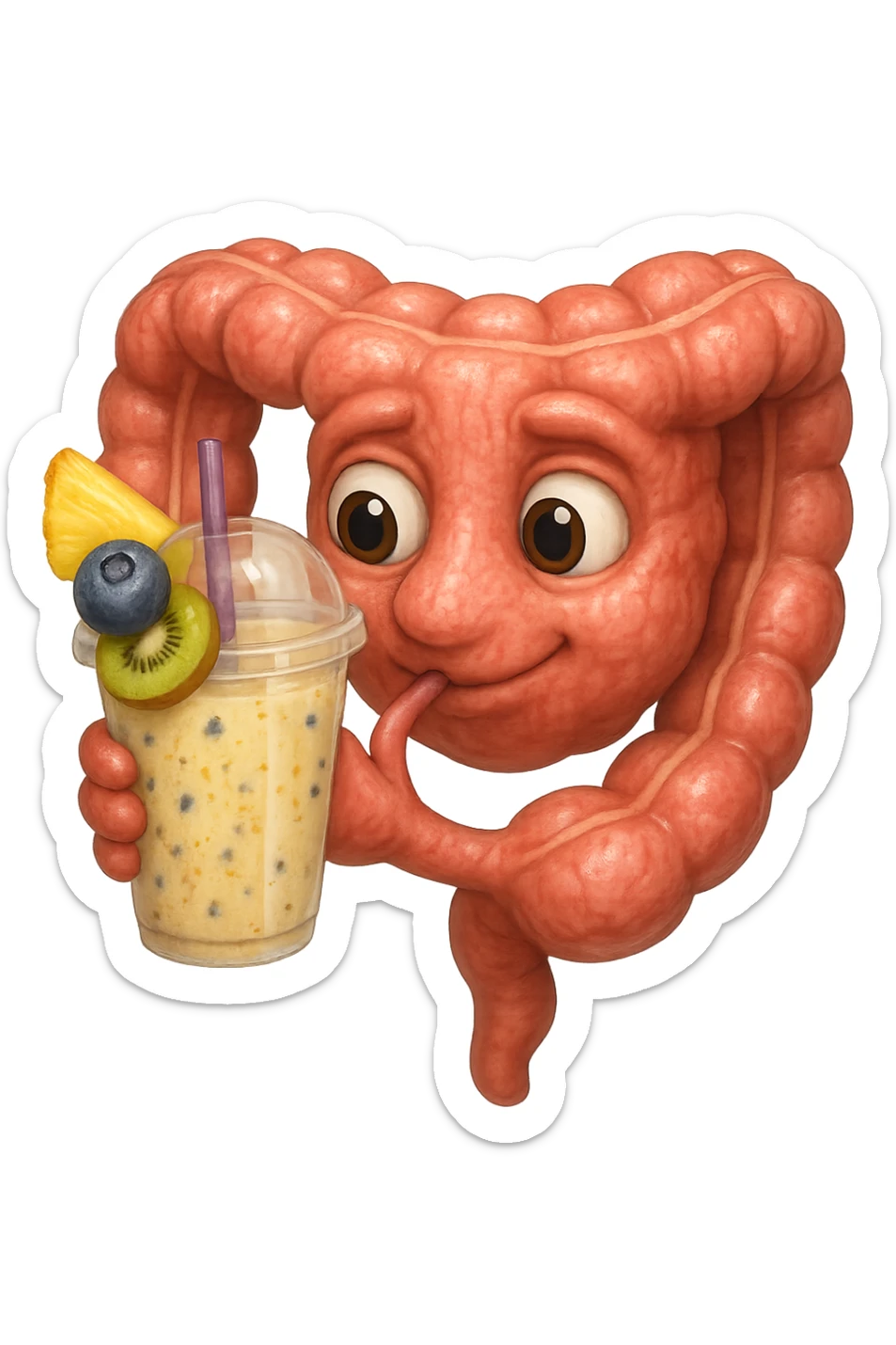 EMOJI STILE IPHONE DI un intestino umano anatomico che beve un frullato di mirtilli, ananas, kiwi, fagli anche la parte bianca degli occhi, non solo le pupille, REALISTICo 4K sticker