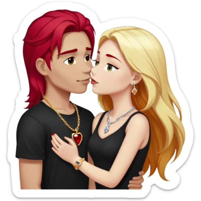 close-up of young couple kissing, girl with long cherry red hair and blonde eyebrows, gold A necklace, diamond ring, red bracelet, boy with stark white hair, silver ring with black stone, dark t-shirt sticker