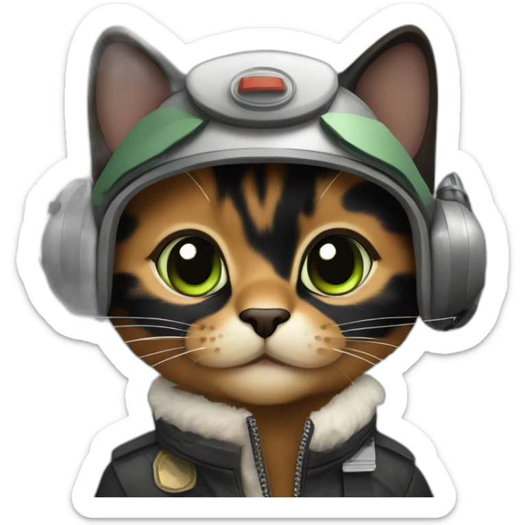 black and brown calico cat without any white and with green eyes dressed as a pilot sticker