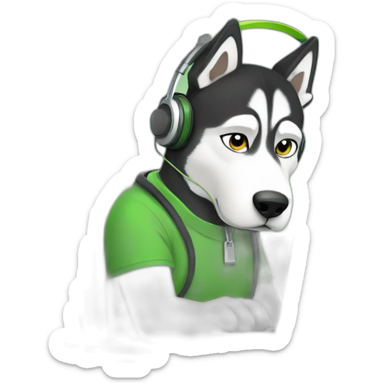 tired husky with headphones in a green T-shirt typing on the keyboard sticker