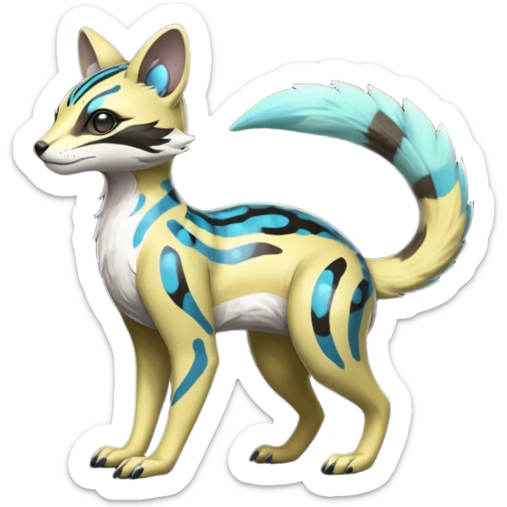 Rare realistic shiny lush exotic cute edgy epic pretty futuristic beautiful handsome gorgeous aesthetic modern colorful vibrant cyber-Vernid-Protogen-Primagen-Wickerbeast-Genet-Trico-species-Fakemon-hybrid-creature by LiLaiRa, beautiful intricate markings, full body sticker