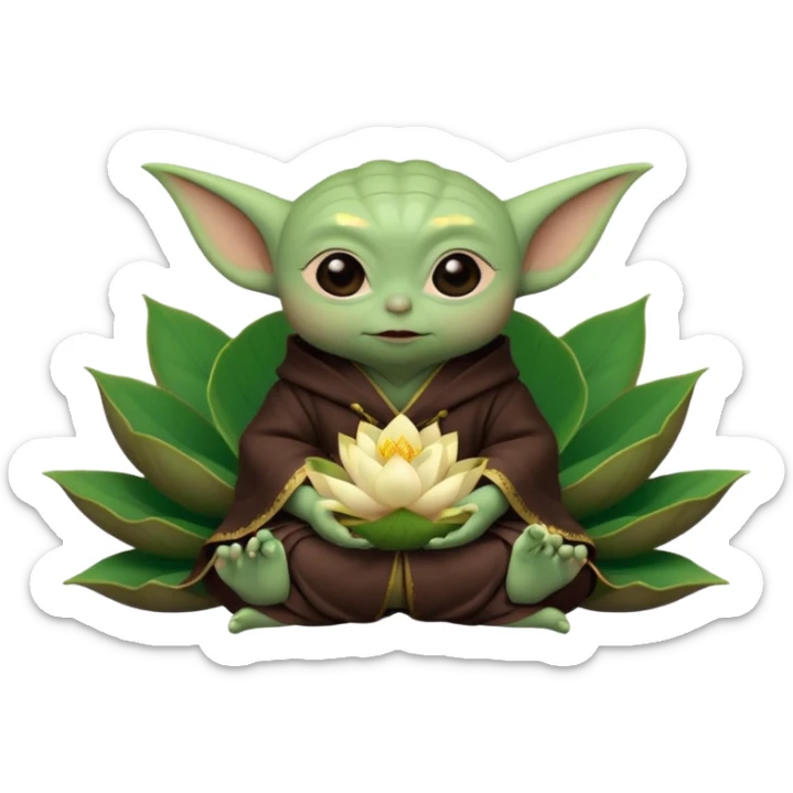 Baby Yoda con su tunica chocolate oscuro sentado dentro de una flor de loto estilo chino sticker