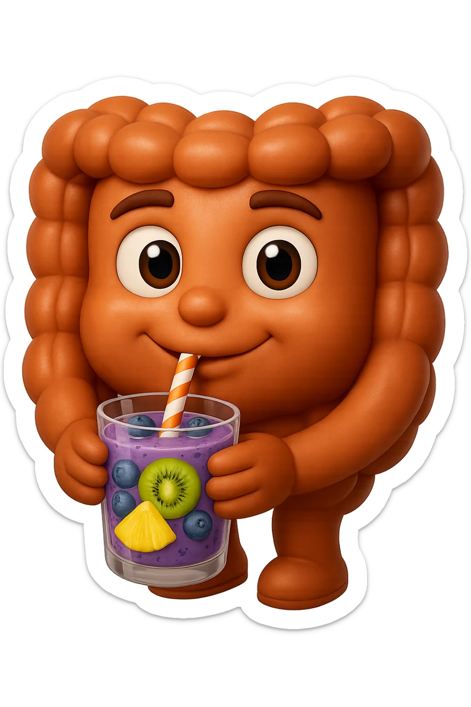 EMOJI STILE IPHONE DI un intestino umano anatomico che beve un frullato di mirtilli, ananas, kiwi, fagli anche la parte bianca degli occhi, non solo le pupille, REALISTICo 4K sticker