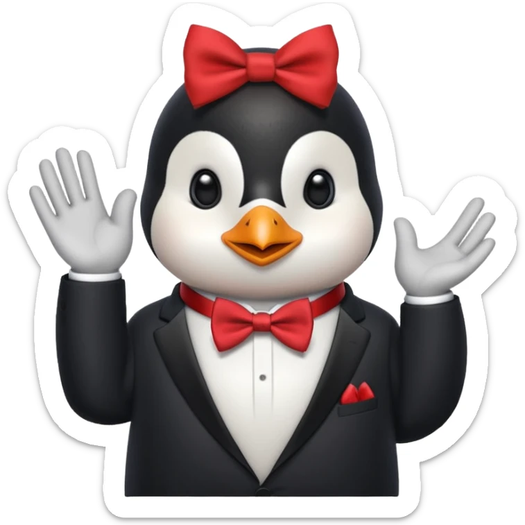 Un pinguino con una pajarita roja haciendo el gesto con la mano abierta de cumplir una promesa sticker