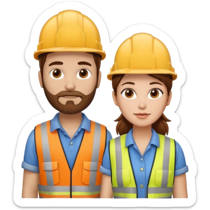 me haces una mujer pelo marron y un hombre con barba , que ambos esten vestidos como constructores de obra que sean blancos de piel  sticker