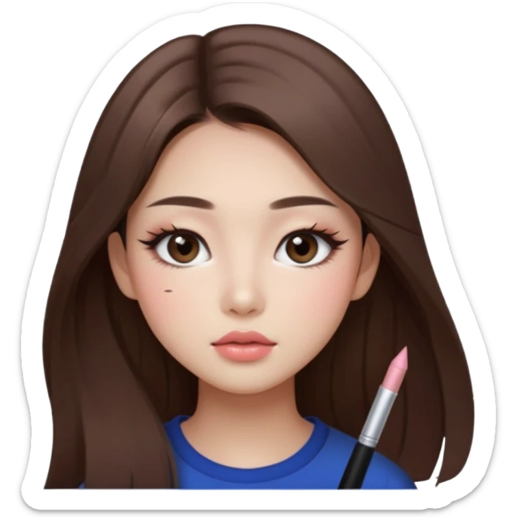 “korean straight long brown hair Emoji girl, soft eyeliner and blush, gradient lips, light brown shimmer eyeshadow sticker