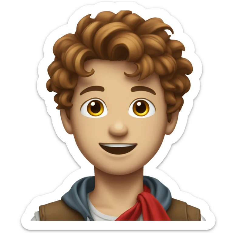 white skin, boy with a red bandana, brown hair in the wind, smiling sticker