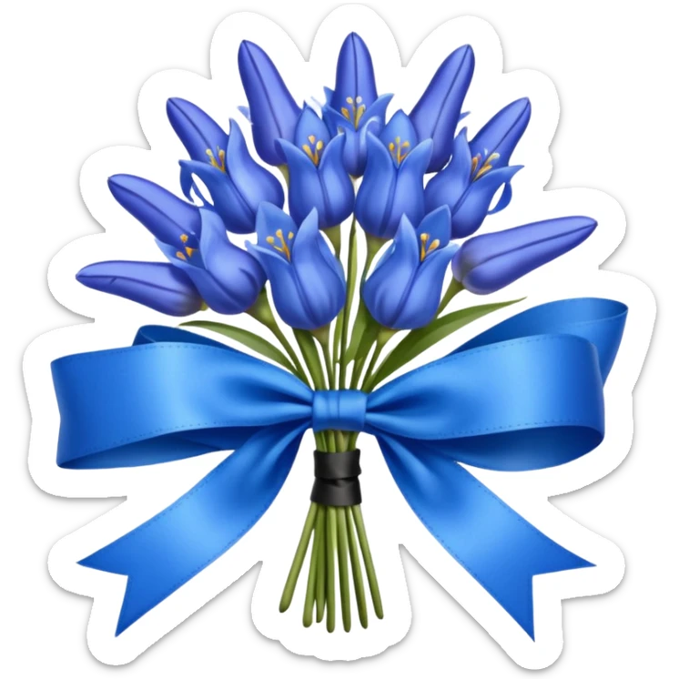A lush bouquet of bright blue color bluebell black satin ribbon, , with a pale yellow and pink plaid pattern table cloth sticker