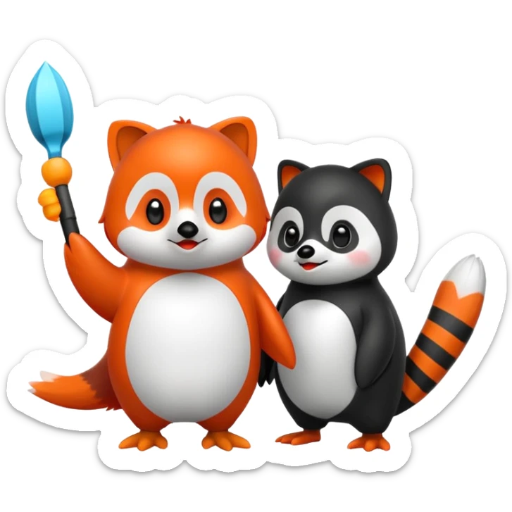 A cartoon  cute cartoon penguin. Next to it is a cartoon red panda holding its flipper  sticker