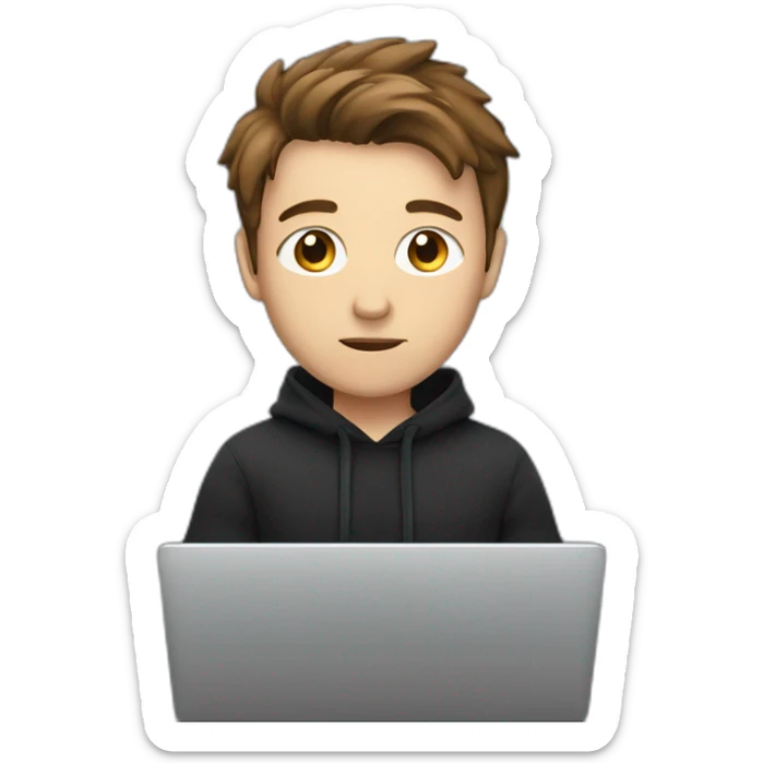 a focused white man, wearing a black hoodie, with brown hair, behind a laptop screen sticker