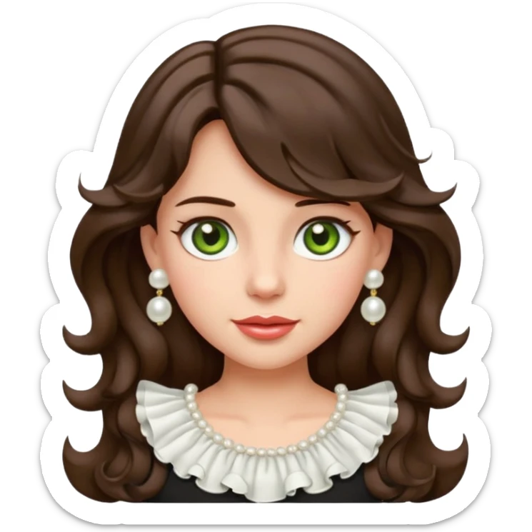apple style emoji of a coquette girl with midi dark brown slightly wavy hair, bright skin, greenish hazel eyes, small cute lips, wearing a frilly blouse and pearl earrings sticker