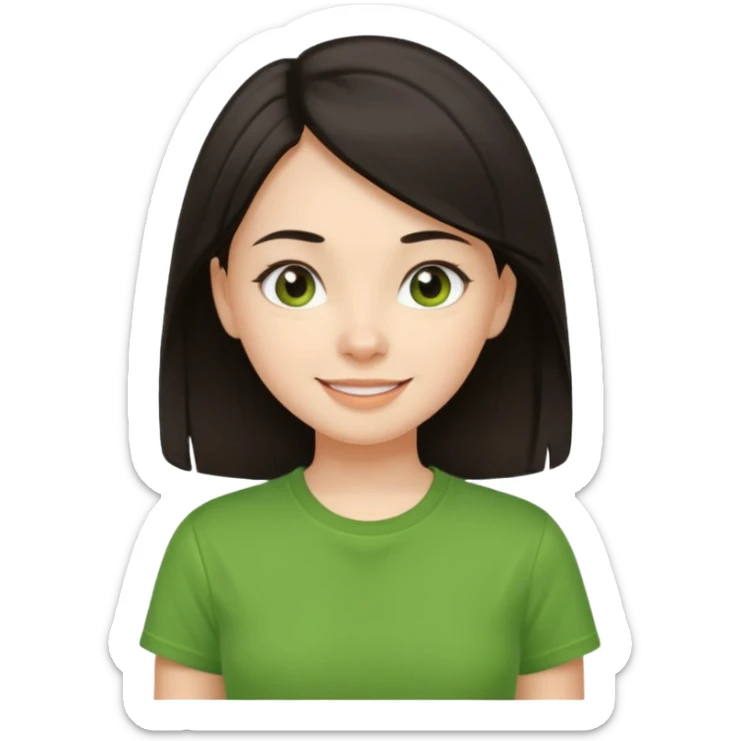 Young girl with straight, dark hair, well-groomed and pretty, wearing a green T-shirt, with a happy and lively expression. sticker