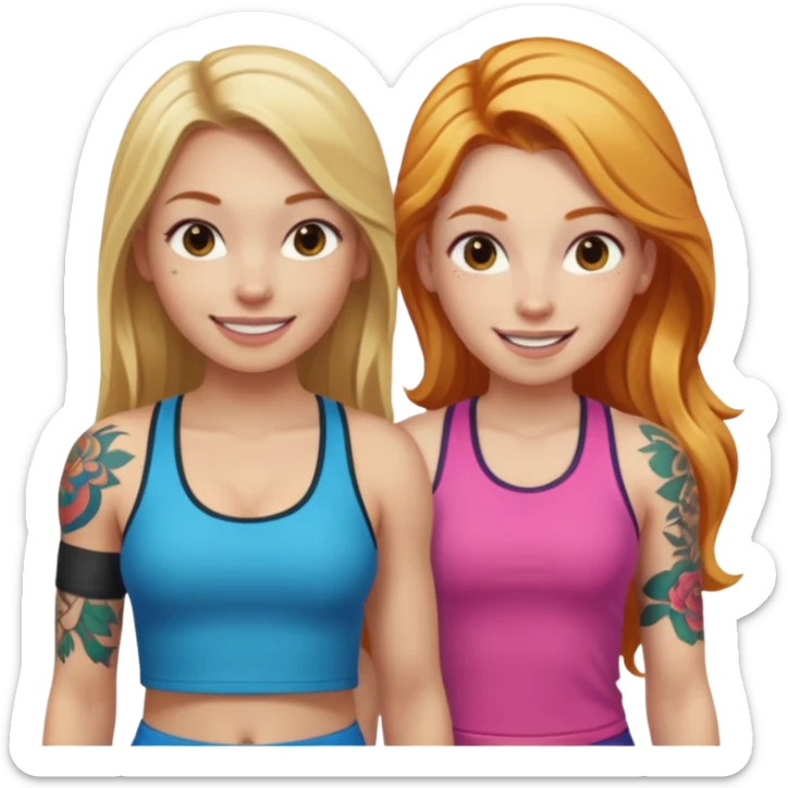 girl with long blonde hair and tattoos next to an athletic ginger girl colorful clothes sticker