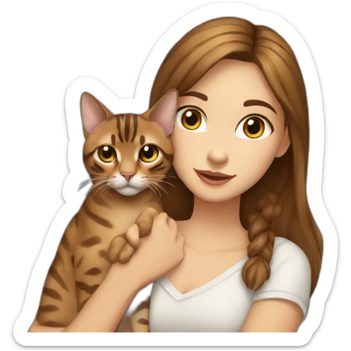 a beautiful girl with blue eyes and brown hair is holding a Bengal cat with yellow eyes in her arms sticker