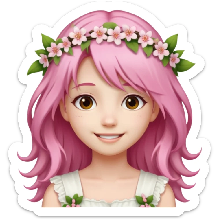 A girl with long, light cherry blossom pink hair, wearing a matching floral wreath and a white dress. sticker