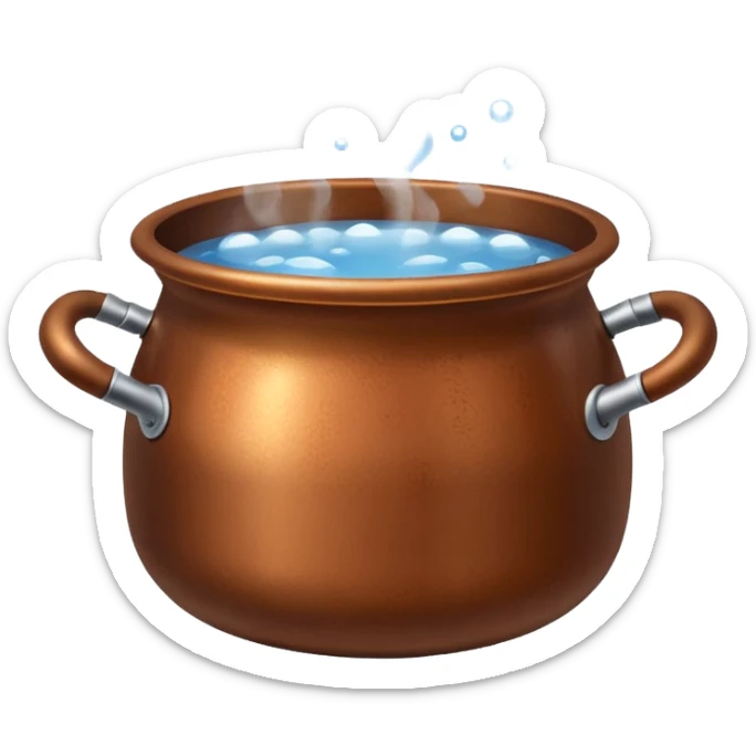 brown small metal pot filled with boiling water on a stove, visible hot steam and rising bubbles, realistic heat effect, shiny pot surface, bright lighting, clean white background sticker