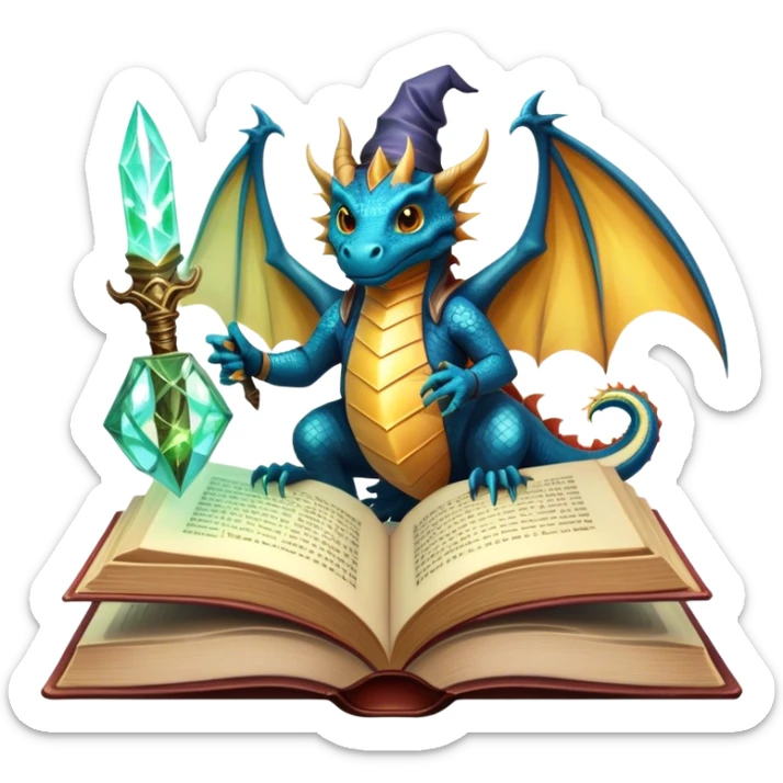Icon for Fantasy and Sci-Fi Literature: a magical book with glowing pages, surrounded by a dragon, a spaceship, and a wizard with a staff. The icon should capture the adventurous and imaginative world of fantasy and science fiction. Transparent background. sticker