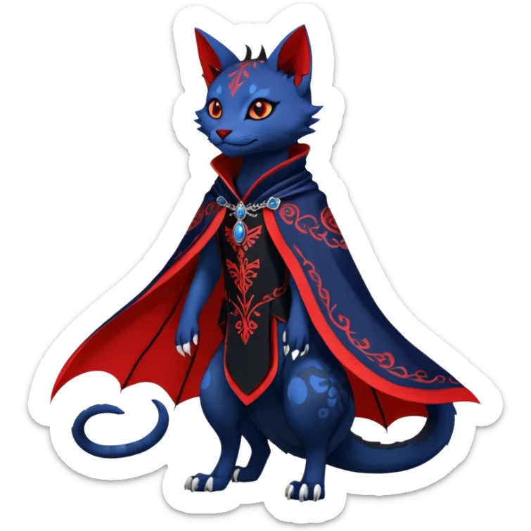 Kawaii feral, four-legged gothic badass black, red, indigo, cute beautiful pretty elegant divine edgy feline-vernid-sergal-Haku-dragon-fursona-animal-creature, full body, with intricate detailed markings, Embroidered capelet, silken shawl sticker