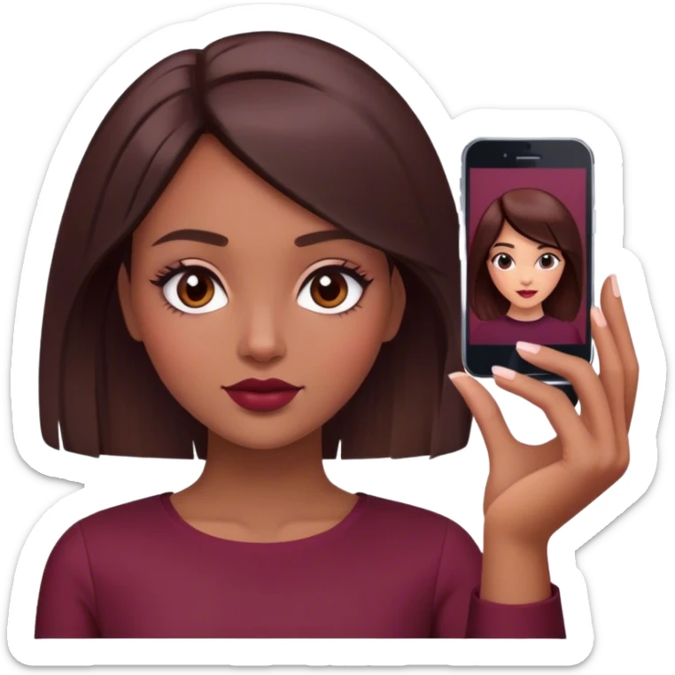 A brunette girl with a square hairstyle , selfie burgundy sticker