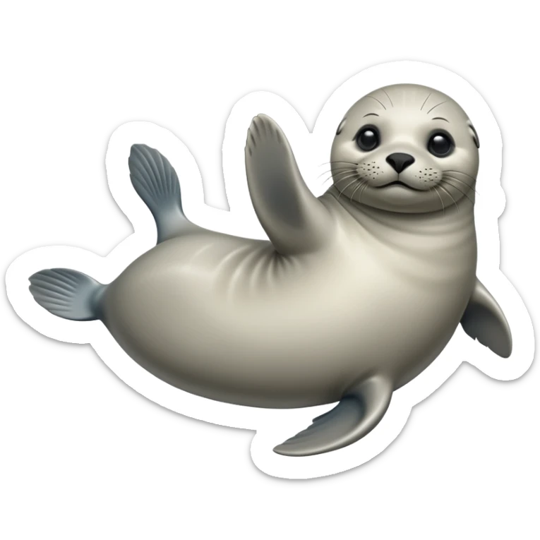 cinematic-seal-realistic-full-body-lounging-emoji,-sleek-body-stretched,-short-smooth-fur-glinting-in-the-sea-breeze,-flippers-tucked-comfortably-beneath-its-body,-large-dark-eyes-filled-with-playful-curiosity sticker
