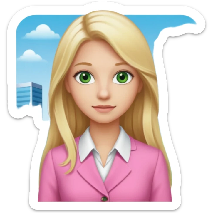 long blonde hair, real estate broker, 20 years old, green eyes, cute pink corporate dress sticker