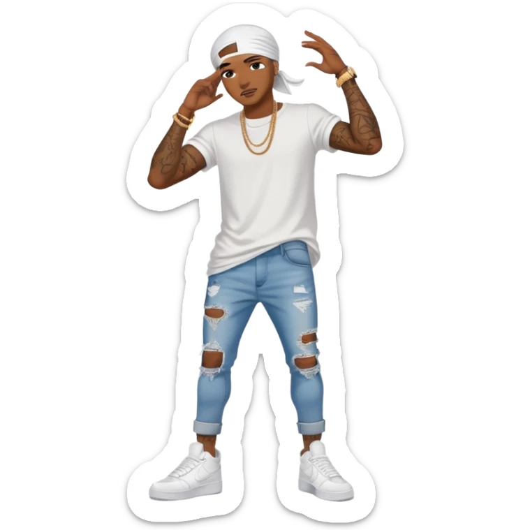 Black man with durag on and ripped skinny jeans and tattoos and white tee shirt and white Air Force ones on sticker