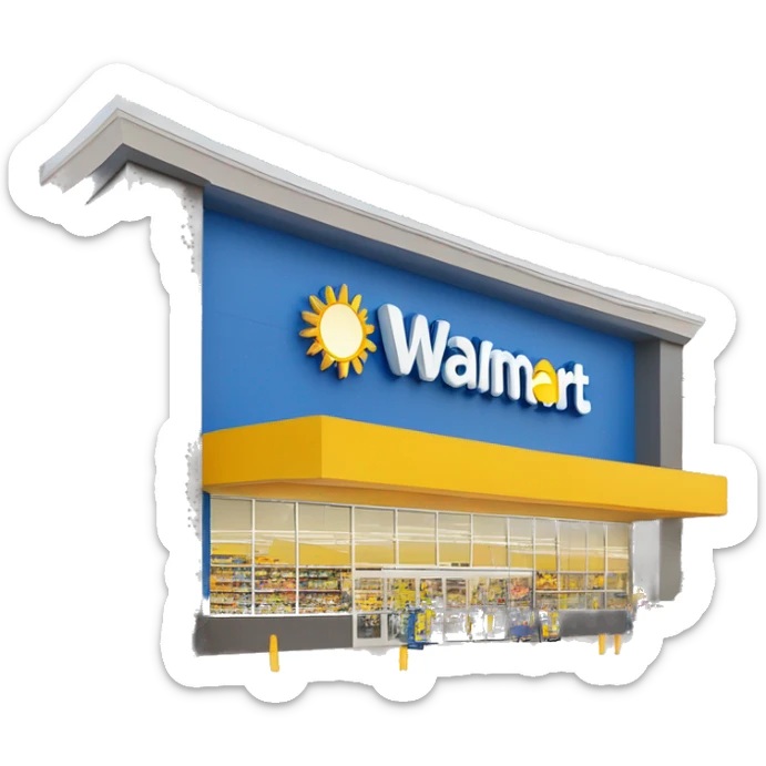 “Exterior of a Walmart store with the sunburst logo above the entrance, blue facade with yellow accents, large sliding glass doors, and shopping carts lined up outside, capturing the look of a busy retail supercenter.” sticker