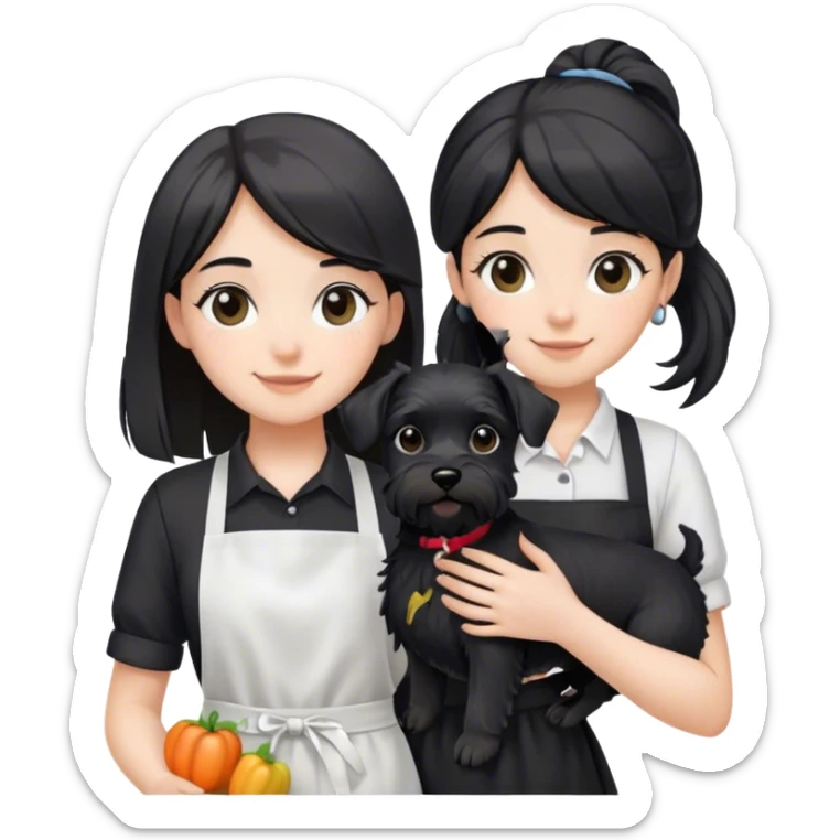 pale smiling girl with long back hair wearing black long shirt wearing apron holding black  schnauzer sticker