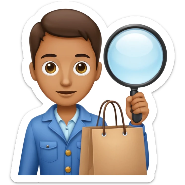 mystery shopper holding a magnifying glass and a shopping bag sticker