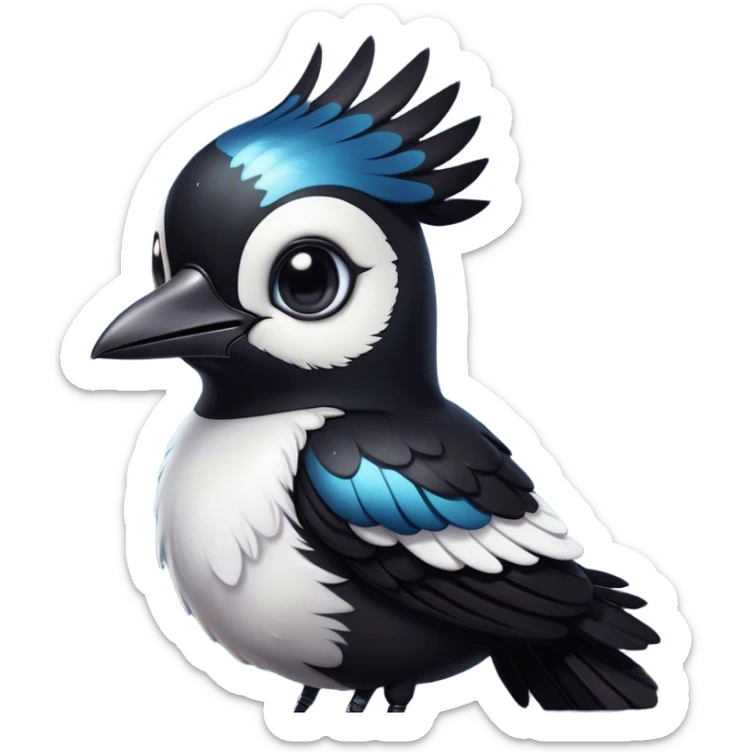 Cinematic Cute Magpie Portrait Emoji, Head tilted playfully and inquisitively, featuring a compact, elegant form with glossy, contrasting black and white feathers and round, sparkling eyes full of playful charm, Simplified yet irresistibly adorable features, highly detailed, glowing with a warm, inviting glow, high shine, affectionate and lively, stylized with a touch of whimsical urban flair, soft glowing outline, capturing the essence of a mischievous yet endearing magpie that seems as if it could flit out of the screen into your arms! sticker