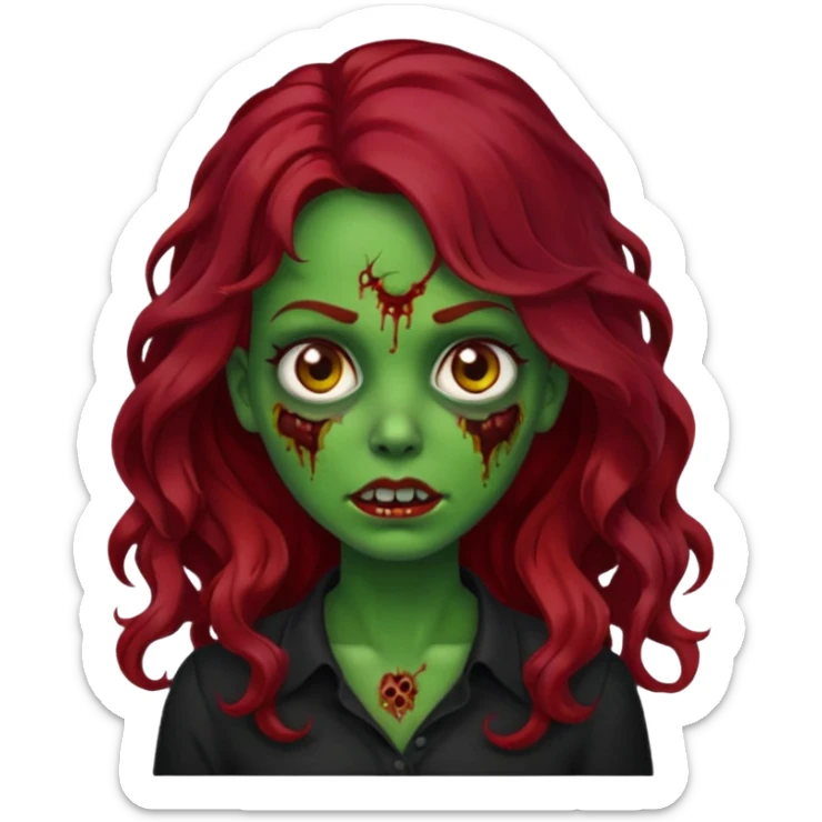 Faça me um emoji de um zumbi mulher de cabelos vermelho escuro longos ondulado usando uma blusa preta, faça no estilo iphone, o tom de pele dela tem que ser verde  sticker