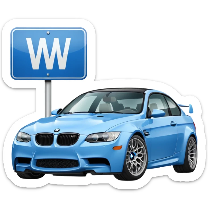 Make me an emoji with a blue bmw M3 and some kind of sign that says ‘W LZR’ sticker